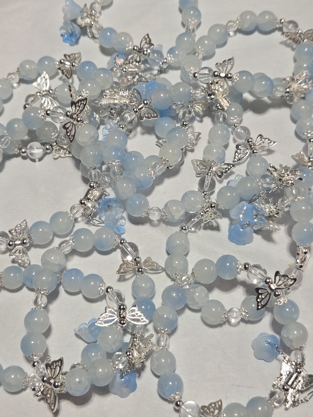 10mm- Delicate Blue Beaded Bracelet with Silver Butterfly Accents- For 1